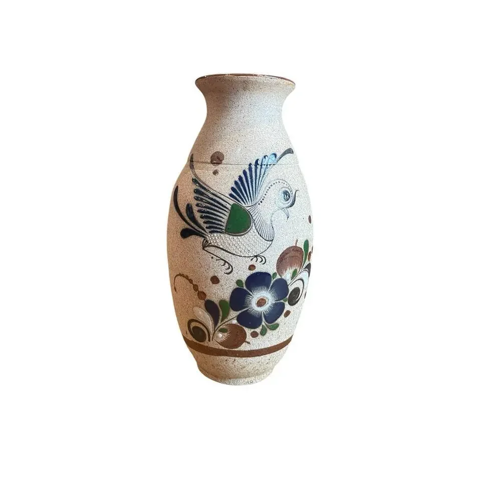 Mexican Tonala Vase Folk Art Stoneware Vase with Bird and Flower Detail
